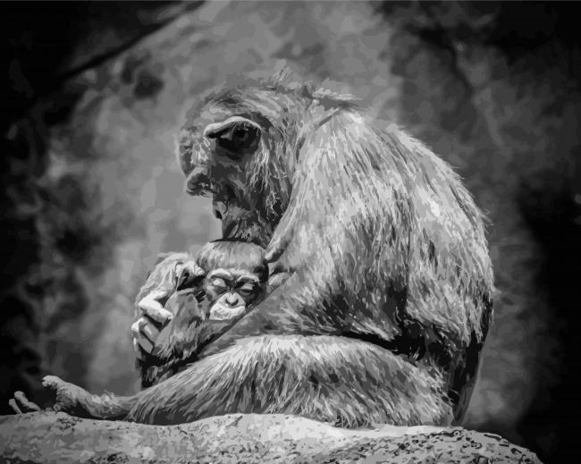 Black And White Chimpanzee Mom And Baby Diamond Painting