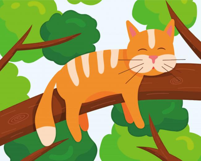 Cartoon Cat On Branch Of Tree Diamond Painting