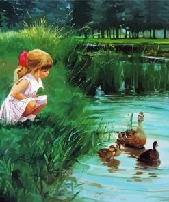 Girl With Ducks In Pond Diamond Painting