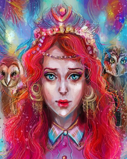 Red Headed Girl With Owl Diamond Painting