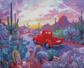 Red Truck In Succulent Desert Diamond Painting