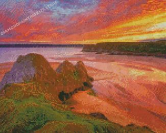 Sunset At Three Cliffs Bay Swansea Diamond Painting