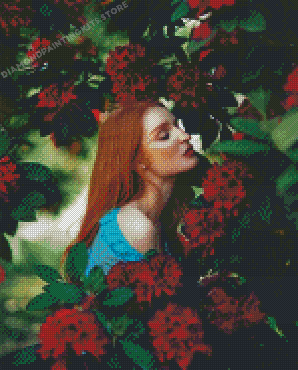 Woman Smells Red Flowers Diamond Painting