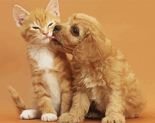 Aesthetic Tabby Kitten And Golden Spaniel Puppy Diamond Painting