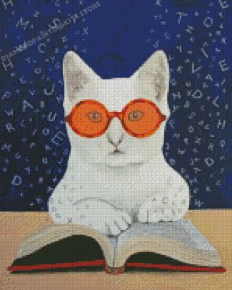 White Cat Reading Diamond Painting