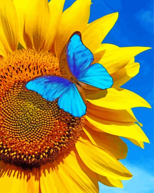Blue Butterfly On Sunflower Diamond Painting