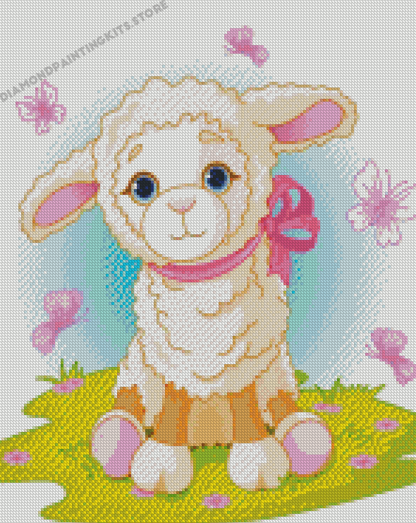 Cute Lamb In Pink Ribbon Diamond Painting