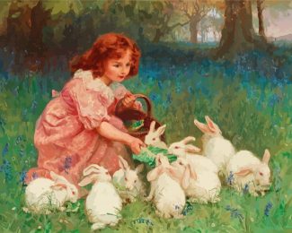 Little Girl With Rabbits Diamond Painting