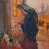 Old Woman And Dog Under Rain Diamond Painting