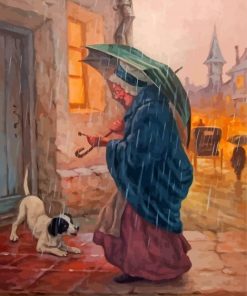 Old Woman And Dog Under Rain Diamond Painting