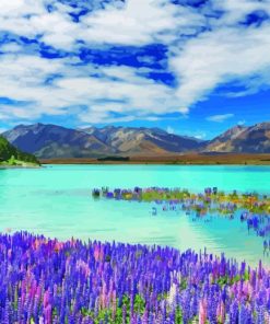 Purple Flowers By Lake Tekapo Diamond Painting