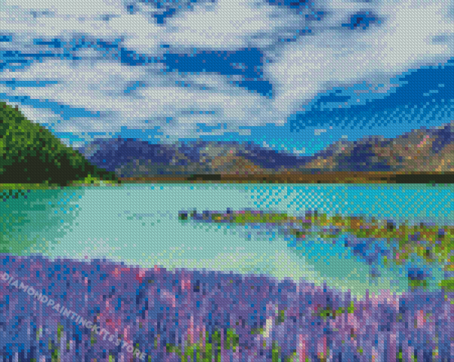Purple Flowers By Lake Tekapo Diamond Painting