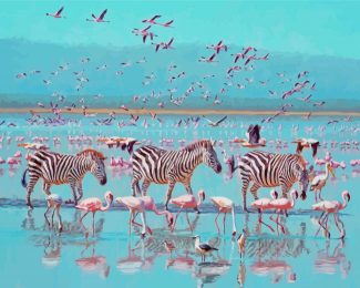 Zebra And Flamingos In Lake Nakuru Diamond Painting