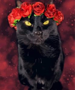 Black Cat With Red Flowers Diamond Painting