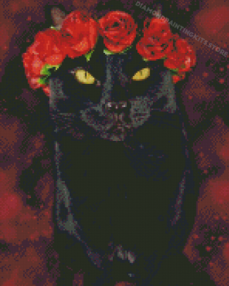 Black Cat With Red Flowers Diamond Painting