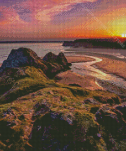 Sunset At Three Cliffs Bay Diamond Painting