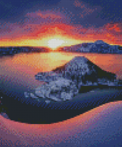 Snowy Crater Lake At Sunset Diamond Painting