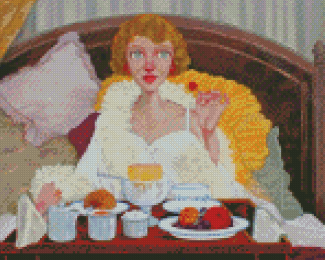 Girl Eating Breakfast On Bed Art Diamond Painting