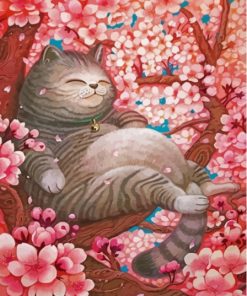 Fat Cat In Cherry Tree Diamond Painting