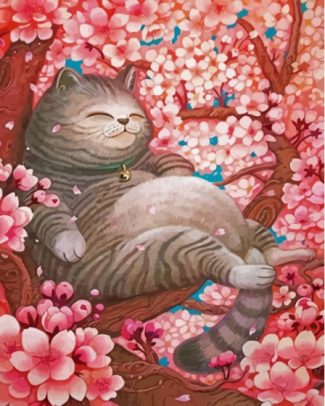 Fat Cat In Cherry Tree Diamond Painting
