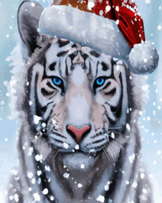 Blue Eyes Tiger With Christmas Hat Diamond Painting