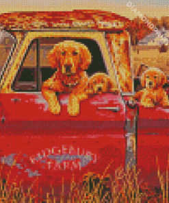 Dog With Puppies And Red Truck Diamond Painting