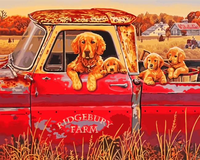 Dog With Puppies And Red Truck Diamond Painting