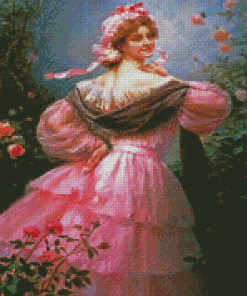 Woman Wearing Pink Dress In Garden Diamond Painting