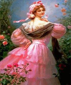 Woman Wearing Pink Dress In Garden Diamond Painting