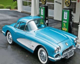 Blue Corvette In Gas Station Diamond Painting