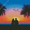 Couple Silhouette Sitting Beside Sea At Sunset Diamond Painting