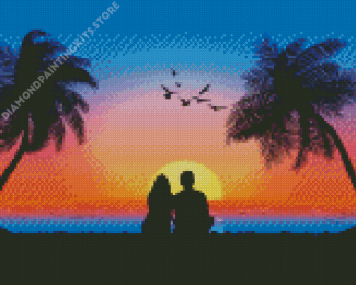 Couple Silhouette Sitting Beside Sea At Sunset Diamond Painting