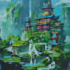 Fantasy Pagoda Castle Waterfall Japan Diamond Painting