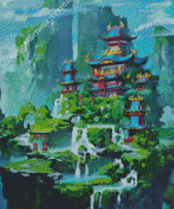 Fantasy Pagoda Castle Waterfall Japan Diamond Painting