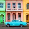 Old Pastel Blue Car With Colorful Buildings Diamond Painting