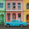 Old Pastel Blue Car With Colorful Buildings Diamond Painting