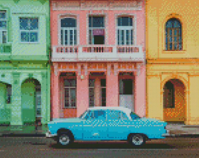 Old Pastel Blue Car With Colorful Buildings Diamond Painting