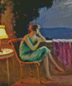 Young Woman By Terrace By The Sea Diamond Painting