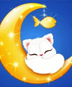 Cartoon Cute White Cat On Moon Diamond Painting