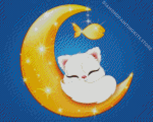 Cartoon Cute White Cat On Moon Diamond Painting