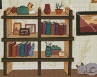 Cats On Bookshelf 5D Diamond Painting