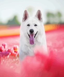 White Swiss Shepherd In Pink Flowers Field 5D Diamond Painting