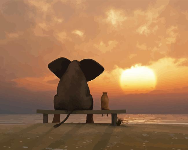 Aesthetic Elephant And Dog Sunset Diamond Painting