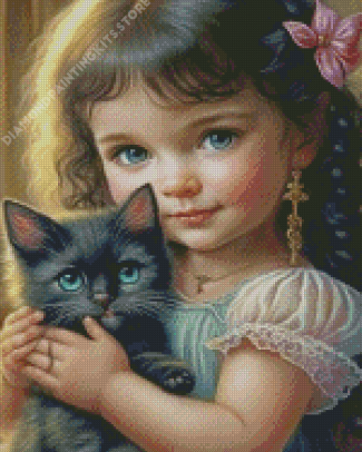 Little Girl And Black Kitten Diamond Painting