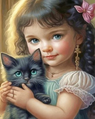 Little Girl And Black Kitten Diamond Painting