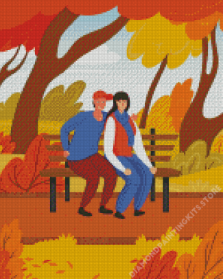 Illustration Couple Date In Autumn Trees 5D Diamond Painting