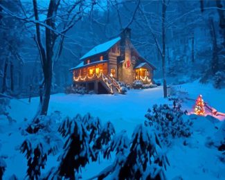 Christmas Snowfall Forest Cabin Diamond Painting