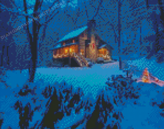 Christmas Snowfall Forest Cabin Diamond Painting