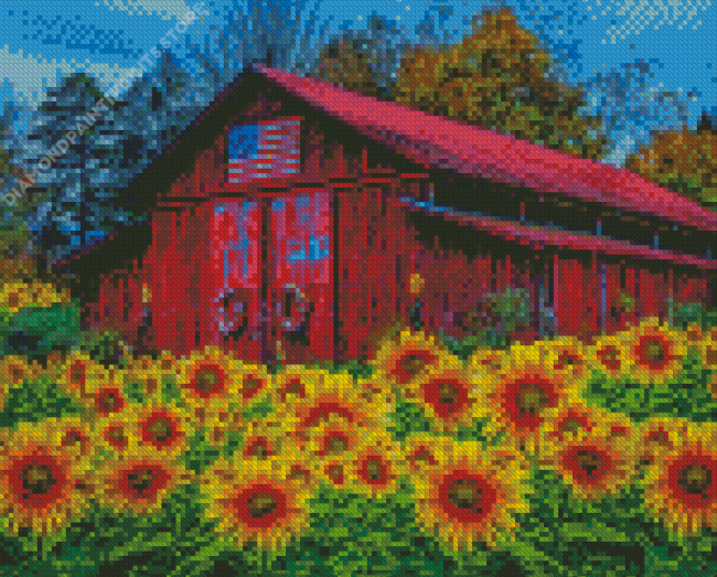 Country Barn In Sunflowers Diamond Painting