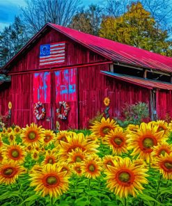Country Barn In Sunflowers Diamond Painting